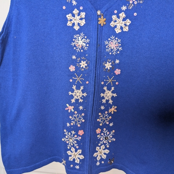 Hampshire Studio Blur Christmas Sweater Vest Zipper Sequins Beads Snowflakes L - Picture 2 of 4